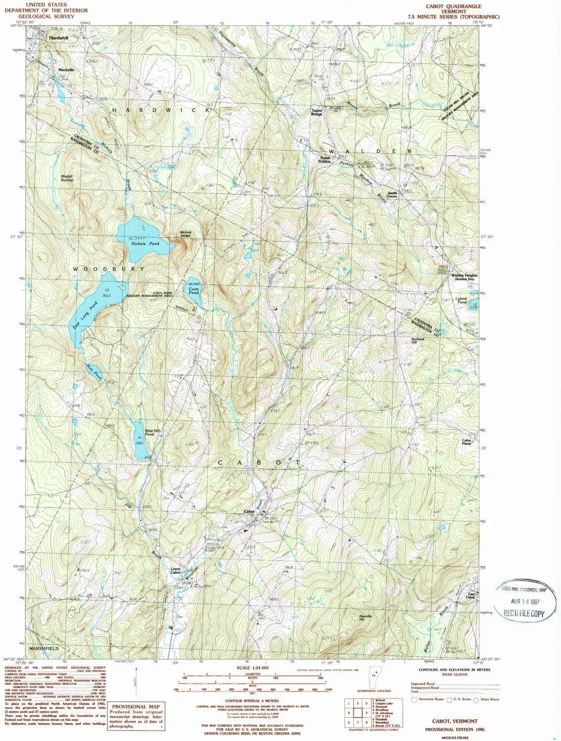 Cabot VT topo map, 1:24000 Scale, 7.5 X 7.5 Minute, Historical, 1986, Updated 1987, 26.7 x 22 in