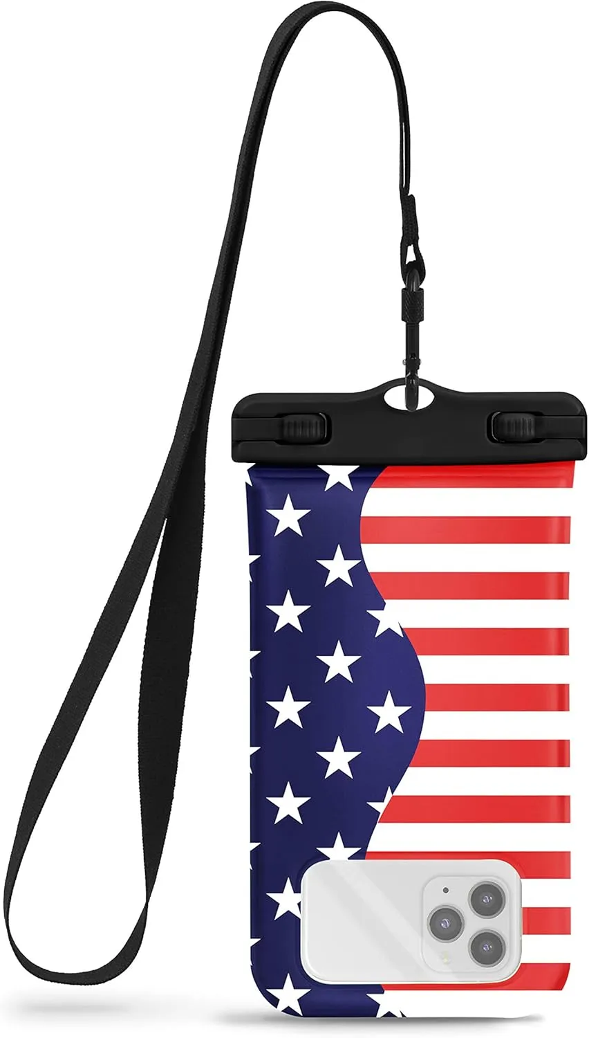 CaliCase Premium Universal Waterproof Floating Phone Pouch - IPX8 Waterproof Floating Phone Case with Lanyard for iPhone and Android - American Flag