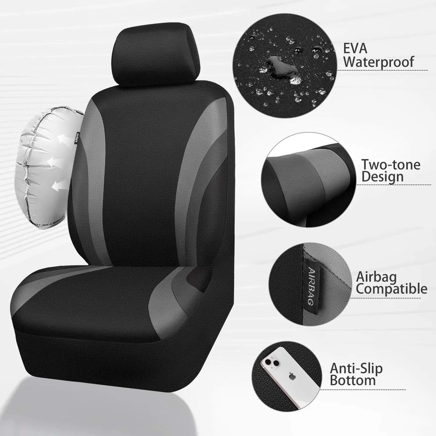 CAR PASS EVA Waterproof Car Seat Covers Full Set,Black Gray Seat Covers for Cars,Airbag Compatible,Universal Fit Sedans,Vans,SUVs,Trucks (Black and Gray)