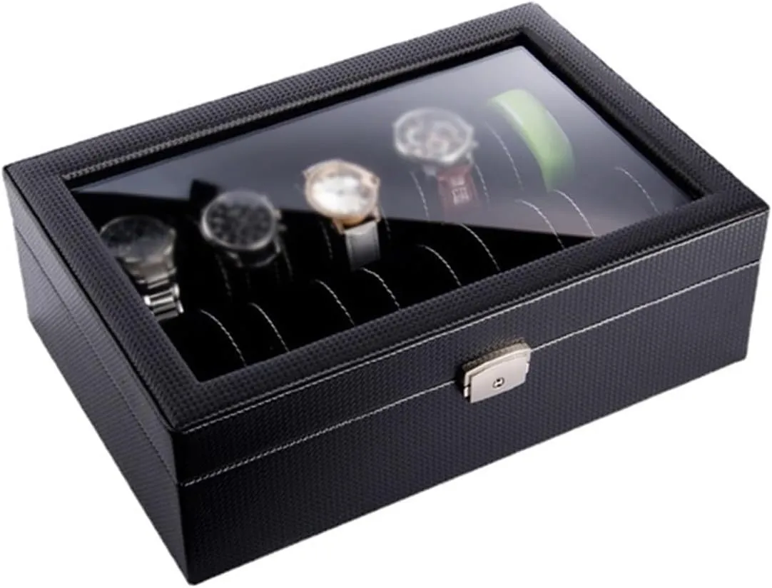 Carbon Fiber Leather Watch Display Case Watch Jewelry Storage Case Skylight with Lock Case