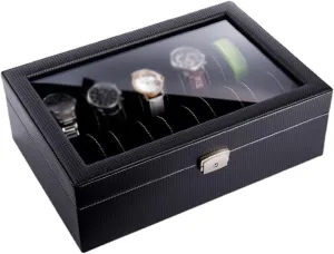 Carbon Fiber Leather Watch Display Case Watch Jewelry Storage Case Skylight with Lock Case
