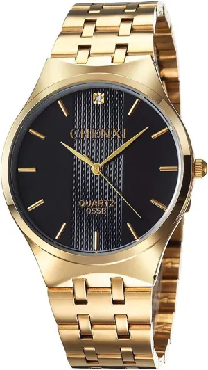 Carlien Men's Quartz Wristwatch Stainless Steel Watch Men Gold Analog Watches Waterproof (Gold Black)