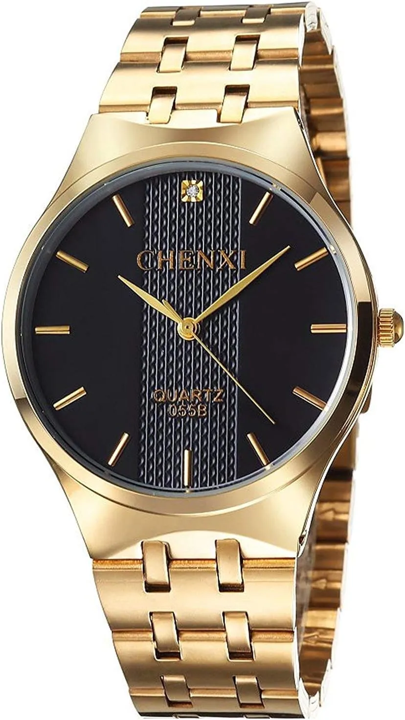 Carlien Men's Quartz Wristwatch Stainless Steel Watch Men Gold Analog Watches Waterproof (Gold Black)