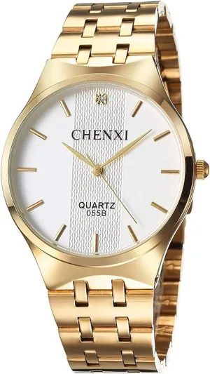 Carlien Men's Quartz Wristwatch Stainless Steel Watch Men Gold Analog Watches Waterproof (Gold White)