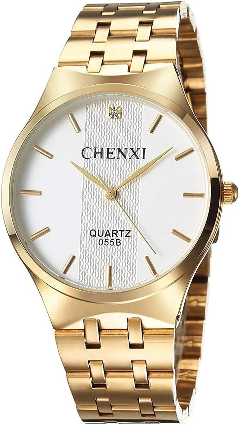 Carlien Men's Quartz Wristwatch Stainless Steel Watch Men Gold Analog Watches Waterproof (Gold White)