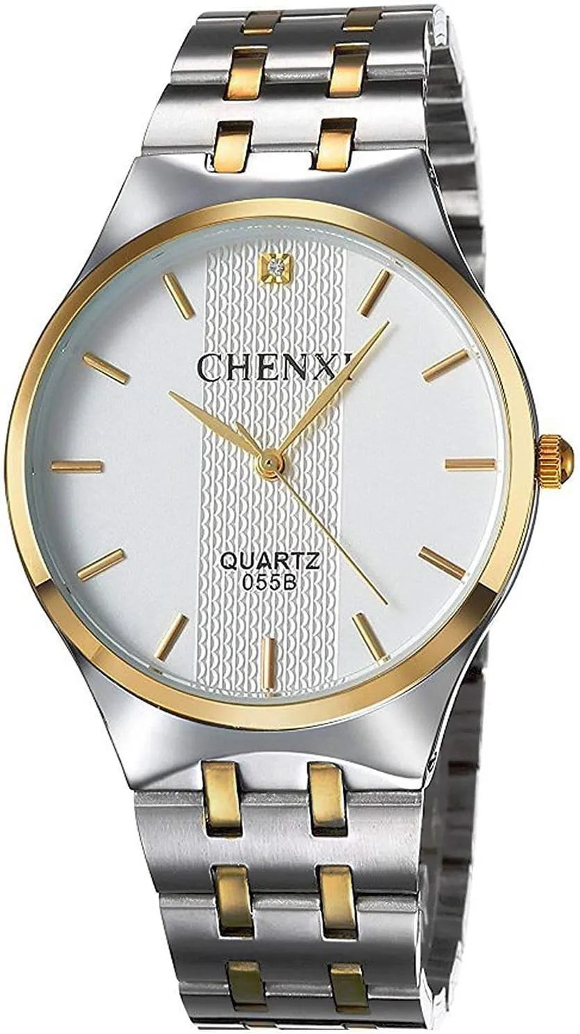 Carlien Men's Quartz Wristwatch Stainless Steel Watch Men Gold Analog Watches Waterproof (White)