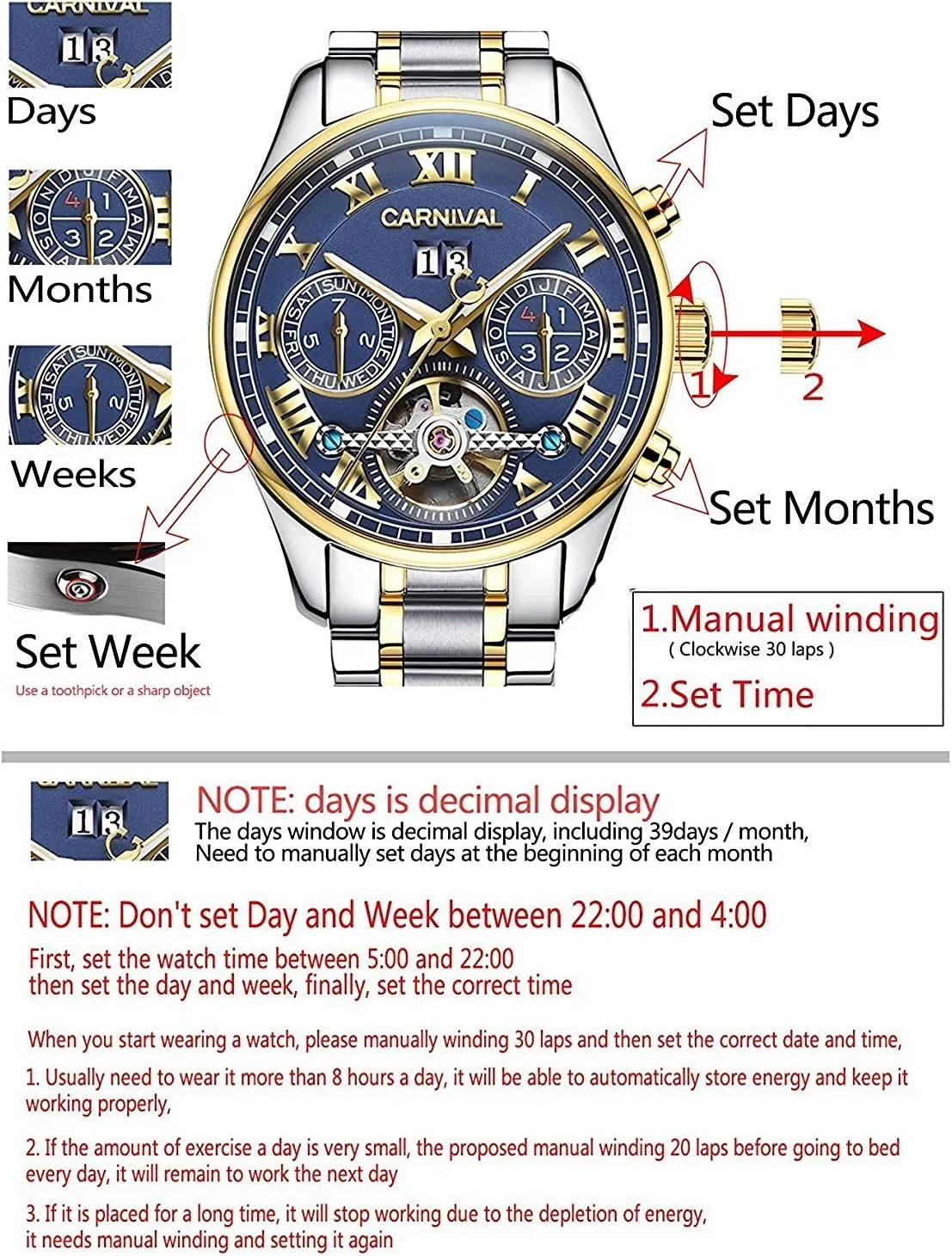 carlien Tourbillon Mechanical Watch Men Double Calendar Multifunction Luminous Waterproof Watches
