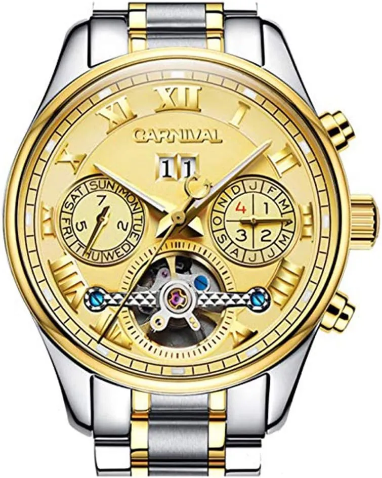carlien Tourbillon Mechanical Watch Men Double Calendar Multifunction Luminous Waterproof Watches