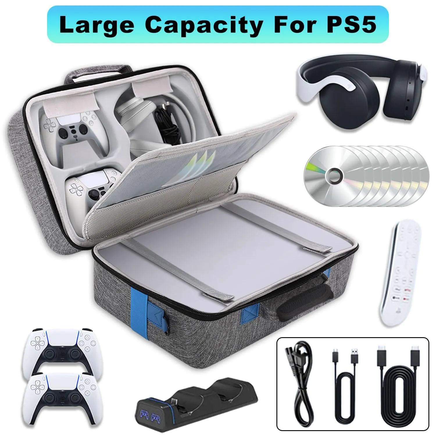 Carrying Case Hard Shell for PS5, Travel Bag for PS5, Playstation 5 Carrying Case Hard Shell for Travel, Compatible with Playstation 5, PS5 Pro, Shockproof, Grey