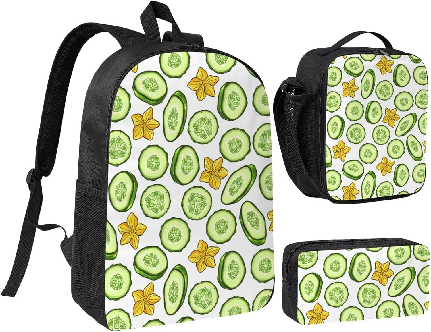 Cartoon Cucumber and Flower Pattern Backpack Set Lightweight Laptop Backpack Lunch Bag with Pencil Case for Women Men Travel Work