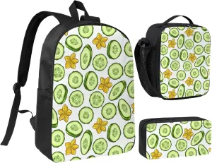 Cartoon Cucumber and Flower Pattern Backpack Set Lightweight Laptop Backpack Lunch Bag with Pencil Case for Women Men Travel Work