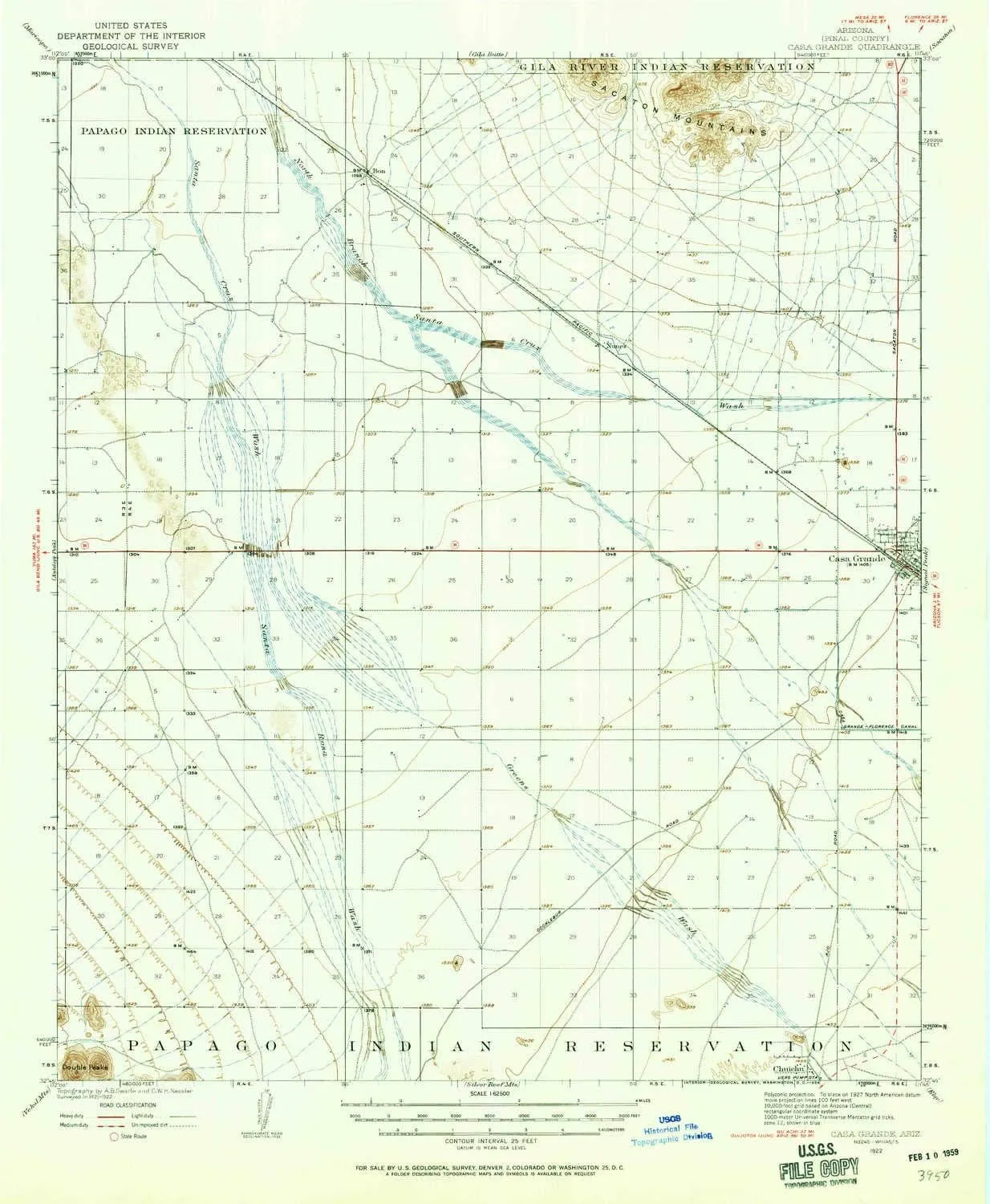 Casa Grande AZ topo map, 1:62500 Scale, 15 X 15 Minute, Historical, 1922, Updated 1959, 20.6 x 16.9 in