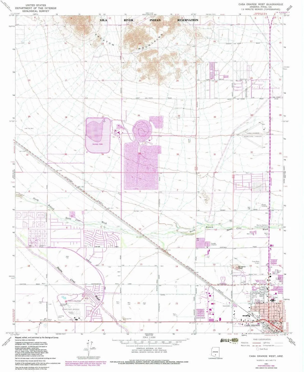 Casa Grande West AZ topo map, 1:24000 Scale, 7.5 X 7.5 Minute, Historical, 1965, Updated 1983, 26.8 x 22 in