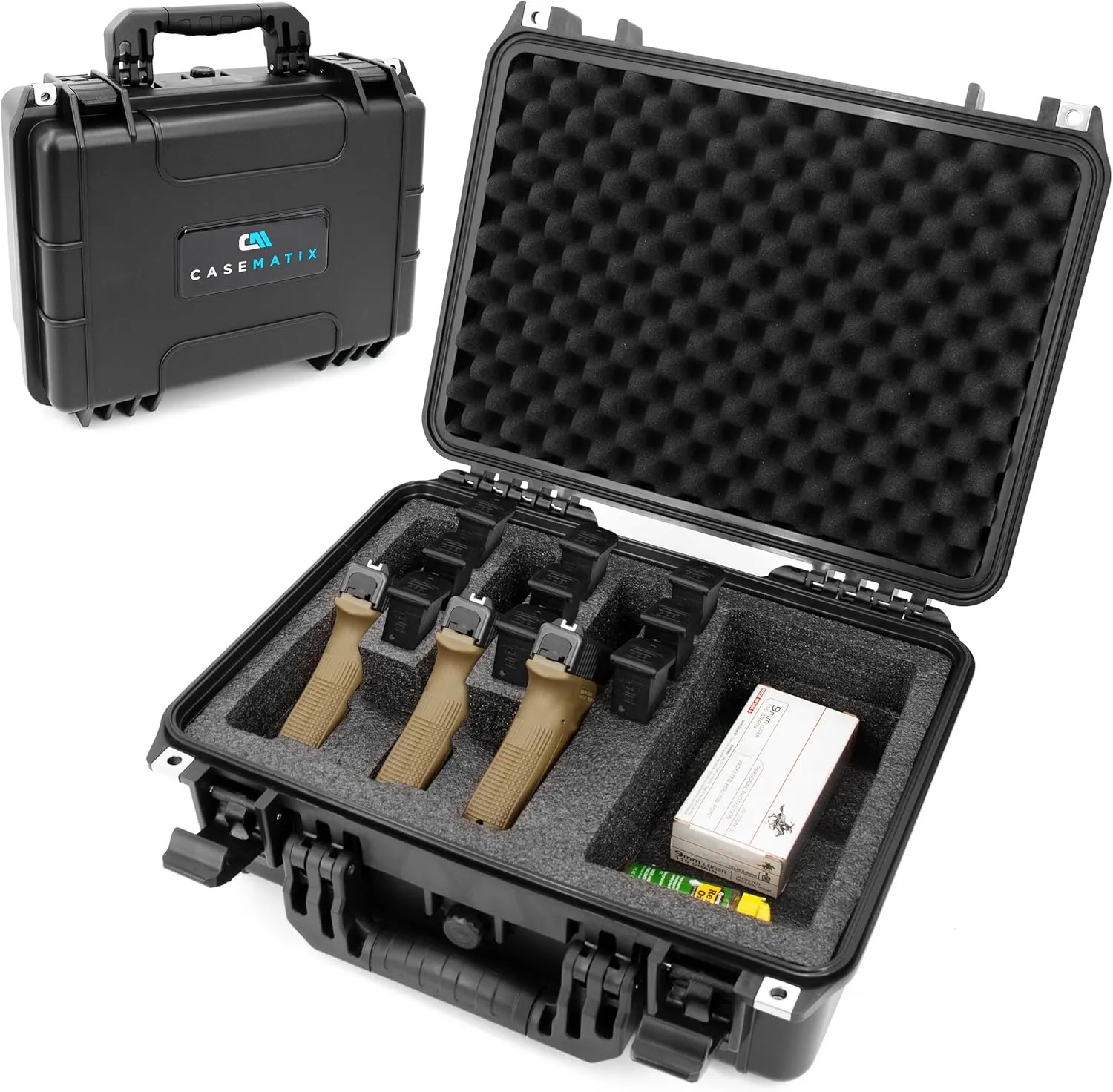 CASEMATIX TSA Approved 3 Pistol Case - 16" IPX7 Waterproof Handgun Case for 3 Handguns and 9 Magazines with Accessory Storage, Heavy-Duty Pistol Case Hard Shell Gun Carrying Case