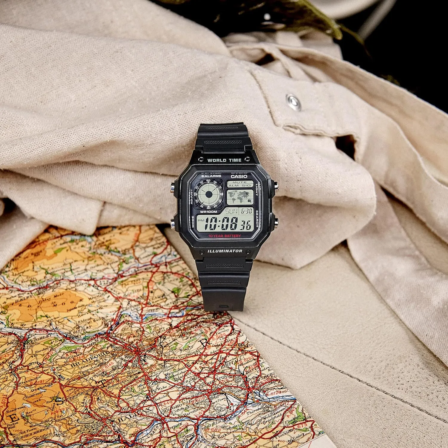Casio AE1200WH Series | Men’s Digital Watch | 100M WR | Multi Alarms | 100 SEC Stopwatch | Countdown Timer | World Map for World Time | LED Light | LC Analog Display | 10 Year Battery