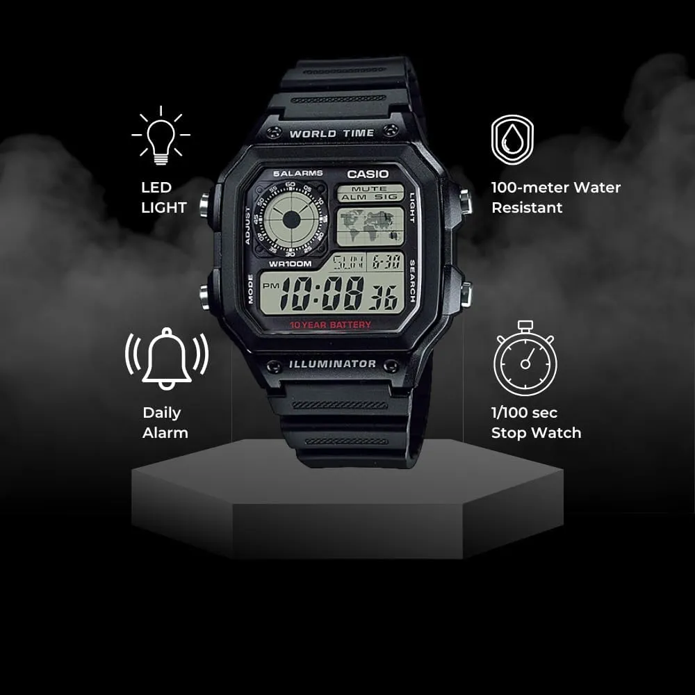Casio AE1200WH Series | Men’s Digital Watch | 100M WR | Multi Alarms | 100 SEC Stopwatch | Countdown Timer | World Map for World Time | LED Light | LC Analog Display | 10 Year Battery