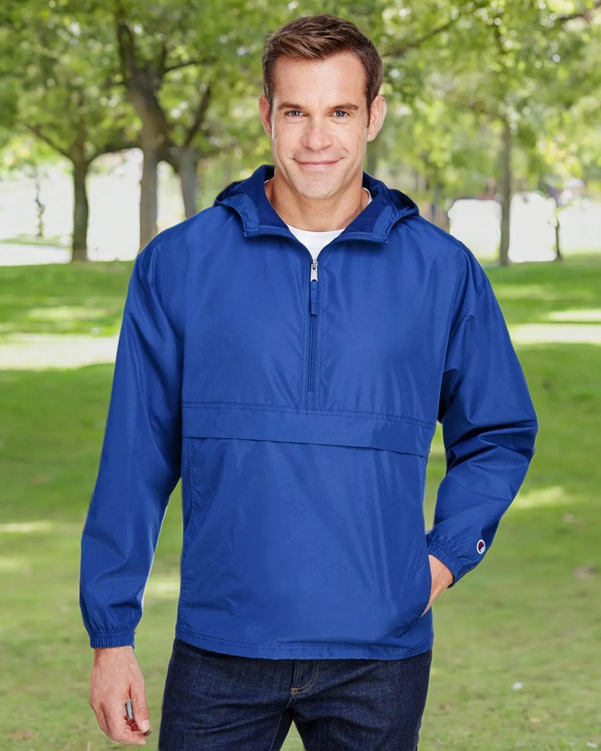 Champion Men's Anorak Jacket with Hood, Lightweight Water-Resistant Packable Nylon Hooded Jacket for Men, Iconic 'C' Logo