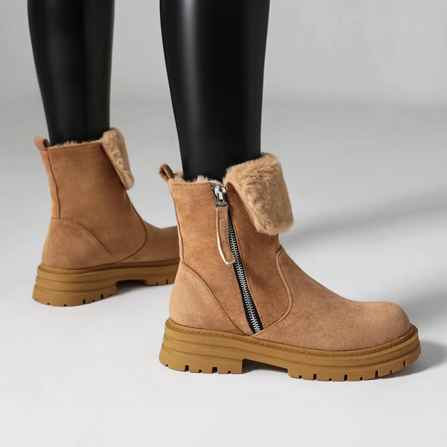 Chelsea Ankle Boots for Women,Stylish Layered Plush Winter Upper Side Zipper Riding Boots Classic Suede Leather Round Toe Wide Width Ankle Boots Non-Slip Lug Sole Combat Boots for Ladies
