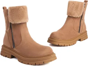 Chelsea Ankle Boots for Women,Stylish Layered Plush Winter Upper Side Zipper Riding Boots Classic Suede Leather Round Toe Wide Width Ankle Boots Non-Slip Lug Sole Combat Boots for Ladies