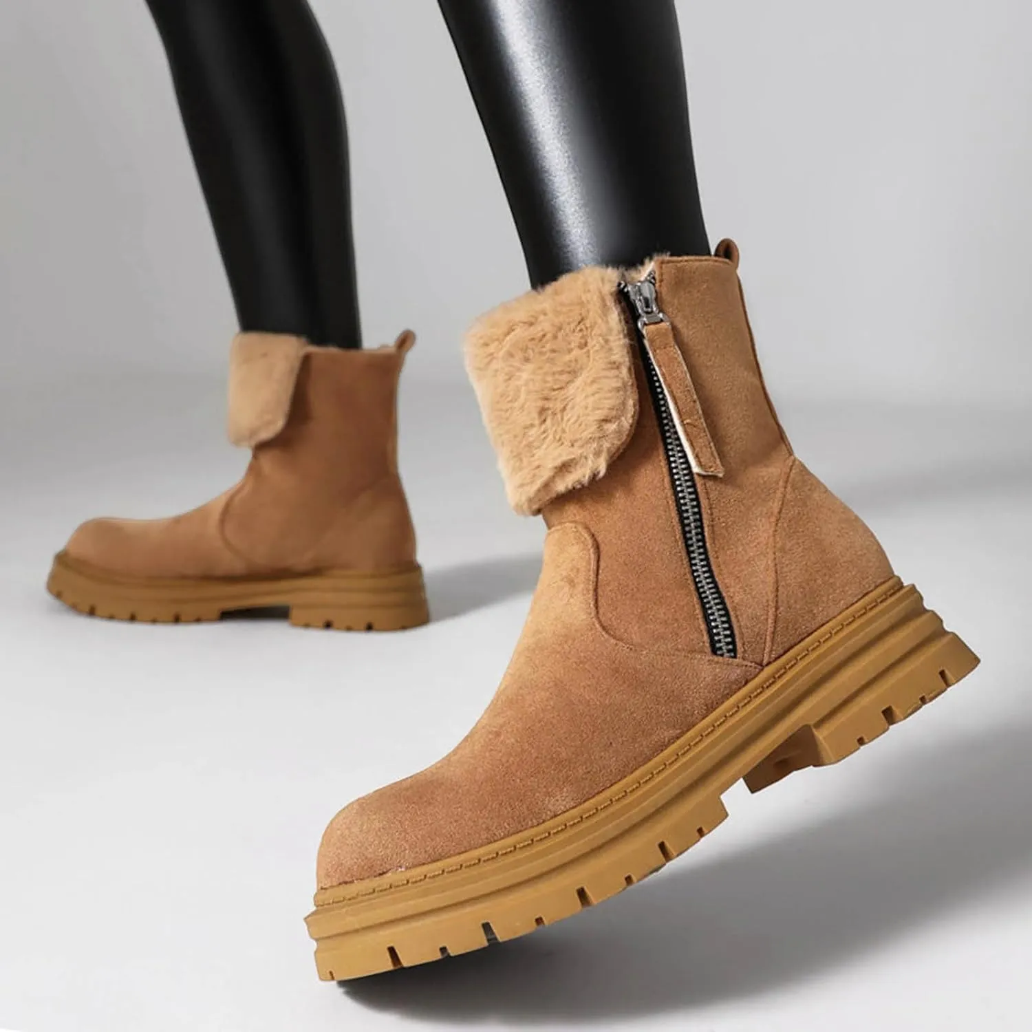 Chelsea Ankle Boots for Women,Stylish Layered Plush Winter Upper Side Zipper Riding Boots Classic Suede Leather Round Toe Wide Width Ankle Boots Non-Slip Lug Sole Combat Boots for Ladies