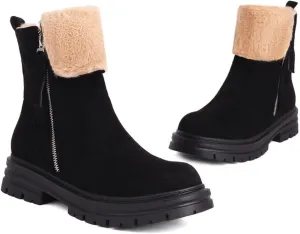 Chelsea Ankle Boots for Women,Stylish Layered Plush Winter Upper Side Zipper Riding Boots Classic Suede Leather Round Toe Wide Width Ankle Boots Non-Slip Lug Sole Combat Boots for Ladies