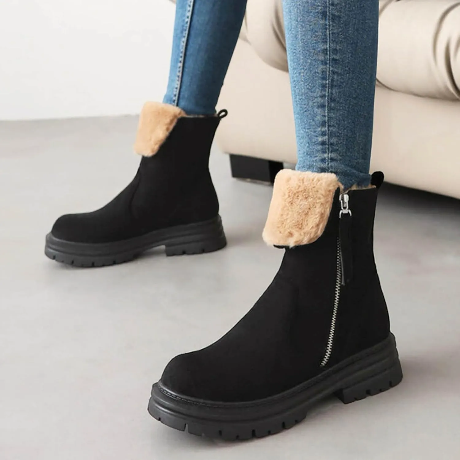 Chelsea Ankle Boots for Women,Stylish Layered Plush Winter Upper Side Zipper Riding Boots Classic Suede Leather Round Toe Wide Width Ankle Boots Non-Slip Lug Sole Combat Boots for Ladies