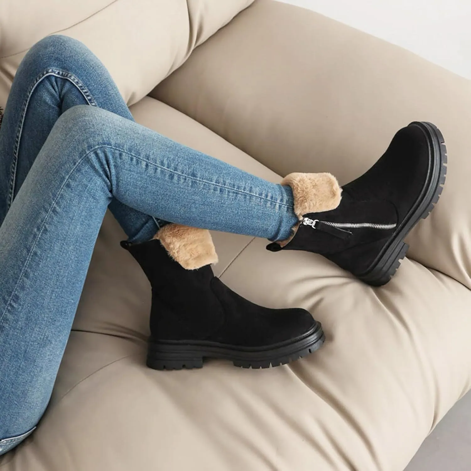 Chelsea Ankle Boots for Women,Stylish Layered Plush Winter Upper Side Zipper Riding Boots Classic Suede Leather Round Toe Wide Width Ankle Boots Non-Slip Lug Sole Combat Boots for Ladies