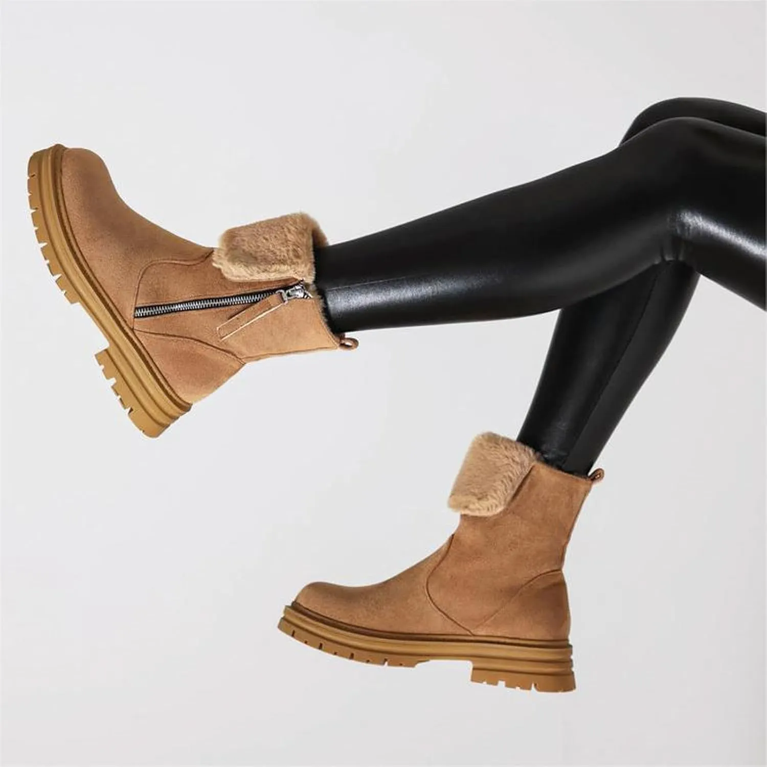 Chelsea Ankle Boots for Women,Stylish Layered Plush Winter Upper Side Zipper Riding Boots Classic Suede Leather Round Toe Wide Width Ankle Boots Non-Slip Lug Sole Combat Boots for Ladies