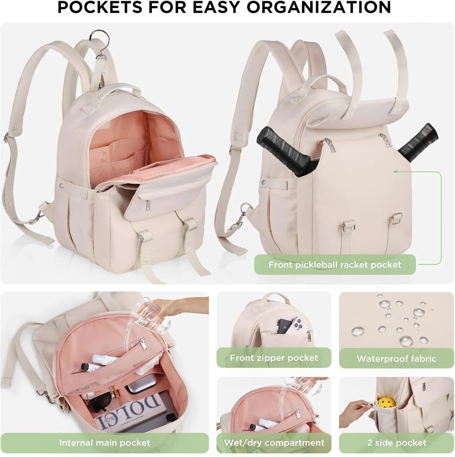 CHICECO Pickleball Backpack for Women, Pickleball Sling Bag,Waterpoof Nylon Pickleball Bag for Women Holds 2 Paddles (Beige)