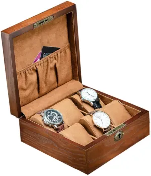 CHILDWEET Slot Wooden Watch Storage Box with Lock Elegant Display Case for Home Shop Design with Stylish Stitching Brown Square Watch Organizer for Collectors Businesses