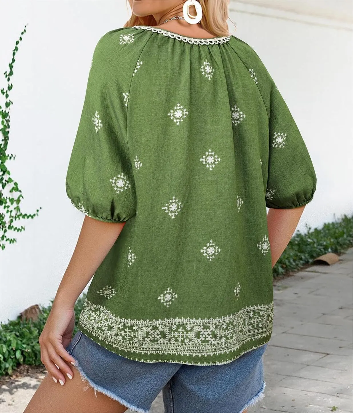 Chvity Womens Summer Boho Tops Flowy Floral Print Shirt Tie Front Vacation Clothes Casual V Neck Short Sleeve Blouses