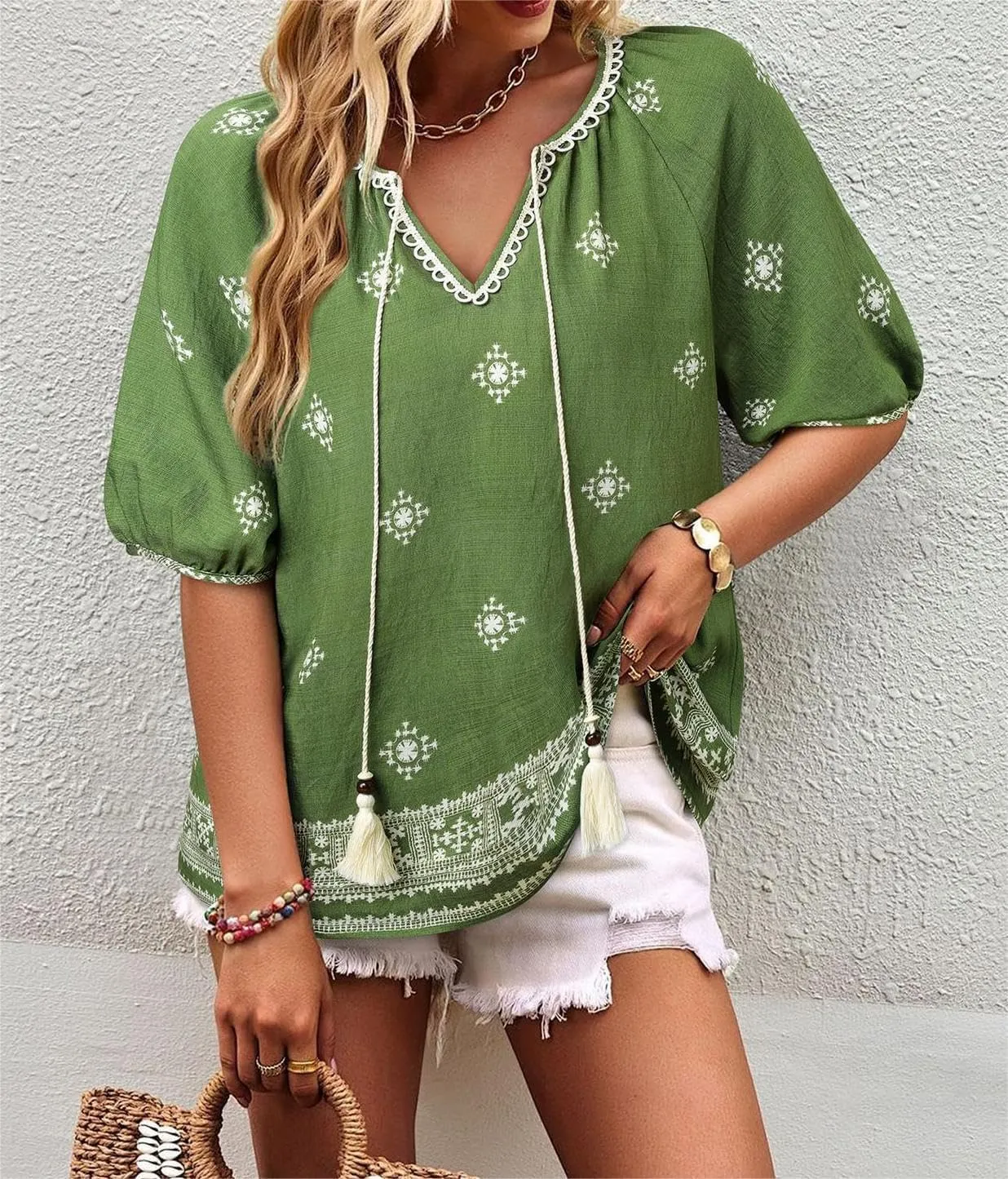 Chvity Womens Summer Boho Tops Flowy Floral Print Shirt Tie Front Vacation Clothes Casual V Neck Short Sleeve Blouses