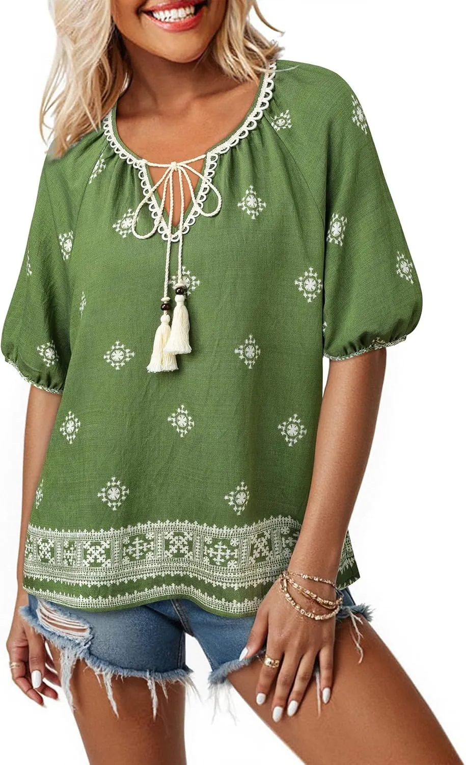 Chvity Womens Summer Boho Tops Flowy Floral Print Shirt Tie Front Vacation Clothes Casual V Neck Short Sleeve Blouses