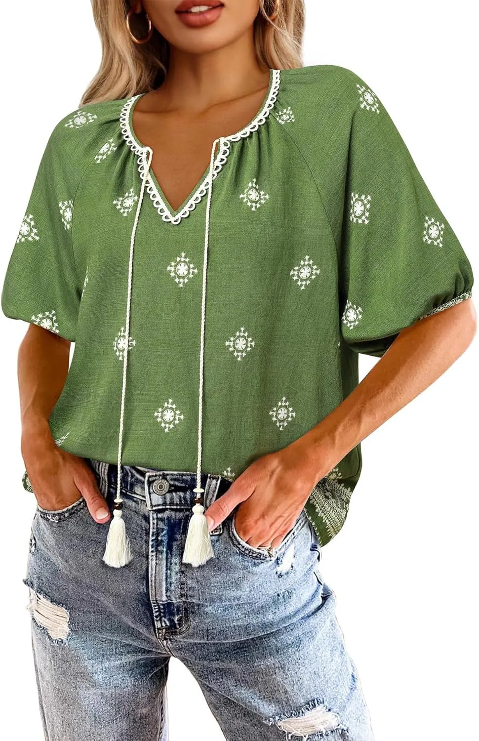 Chvity Womens Summer Boho Tops Flowy Floral Print Shirt Tie Front Vacation Clothes Casual V Neck Short Sleeve Blouses
