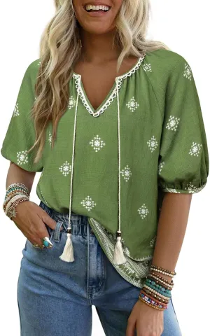 Chvity Womens Summer Boho Tops Flowy Floral Print Shirt Tie Front Vacation Clothes Casual V Neck Short Sleeve Blouses