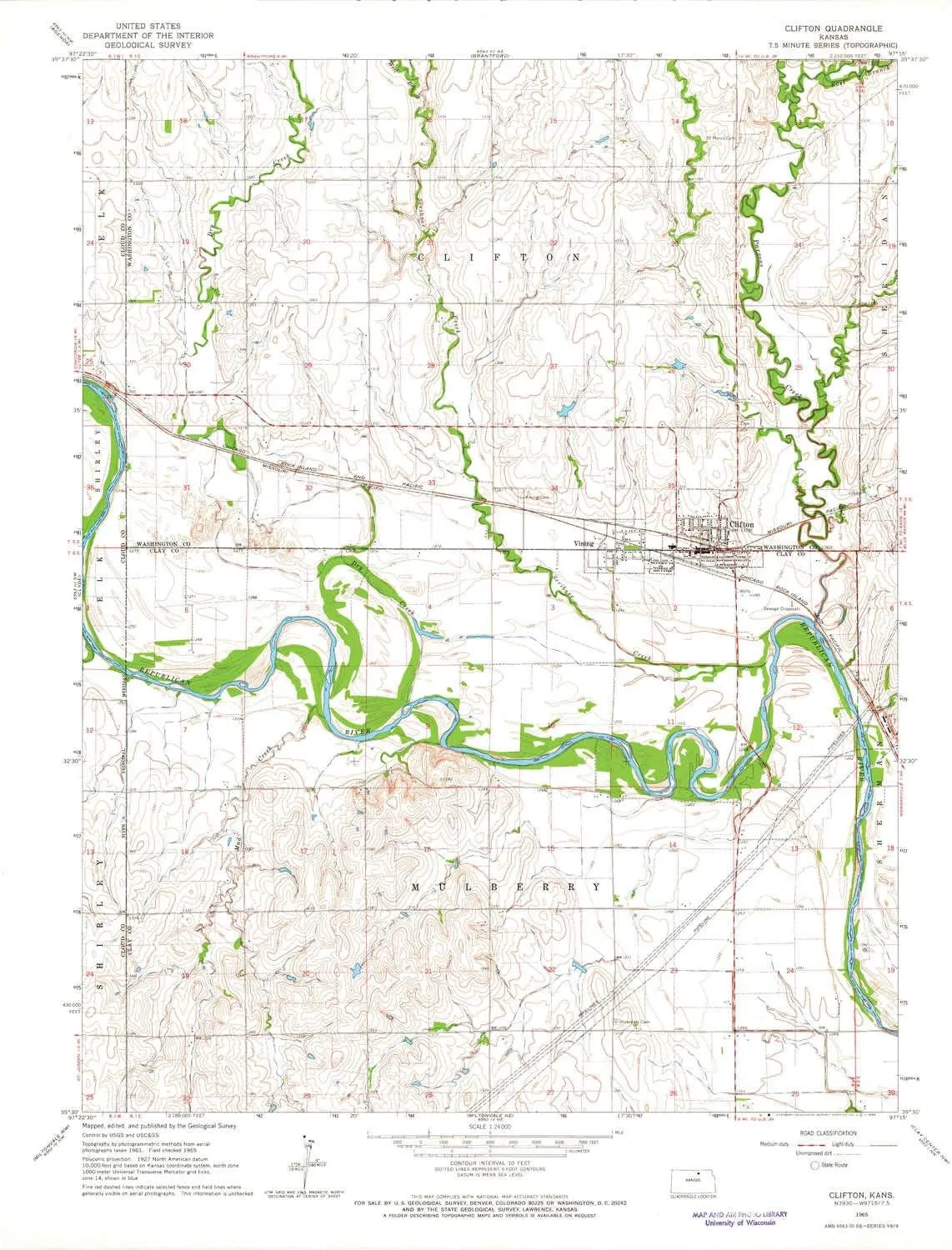 Clifton KS topo map, 1:24000 Scale, 7.5 X 7.5 Minute, Historical, 1965, Updated 1966, 27.03 x 21.03 in