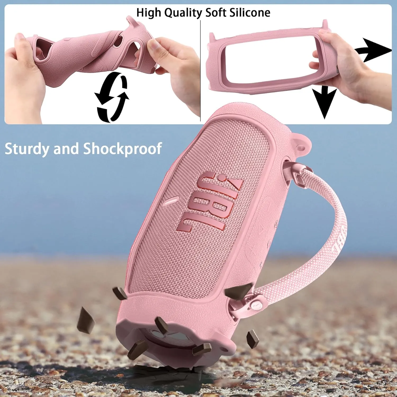 co2CREA Silicone Case for JBL Charge 6 Portable Waterproof Bluetooth Speaker, Portable Travel Soft Cover with Shoulder Strap, Protective Skin Case (Pink)