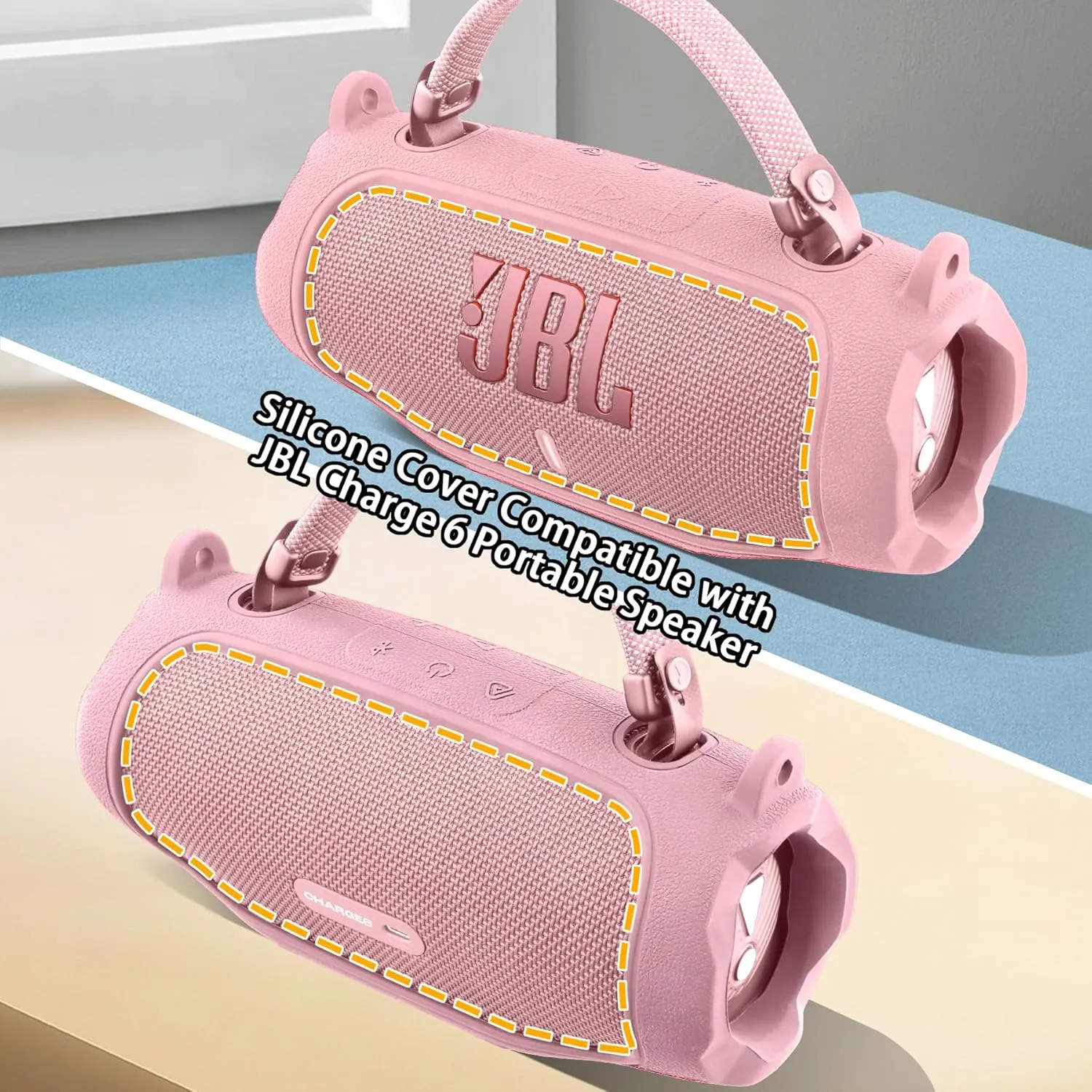 co2CREA Silicone Case for JBL Charge 6 Portable Waterproof Bluetooth Speaker, Portable Travel Soft Cover with Shoulder Strap, Protective Skin Case (Pink)