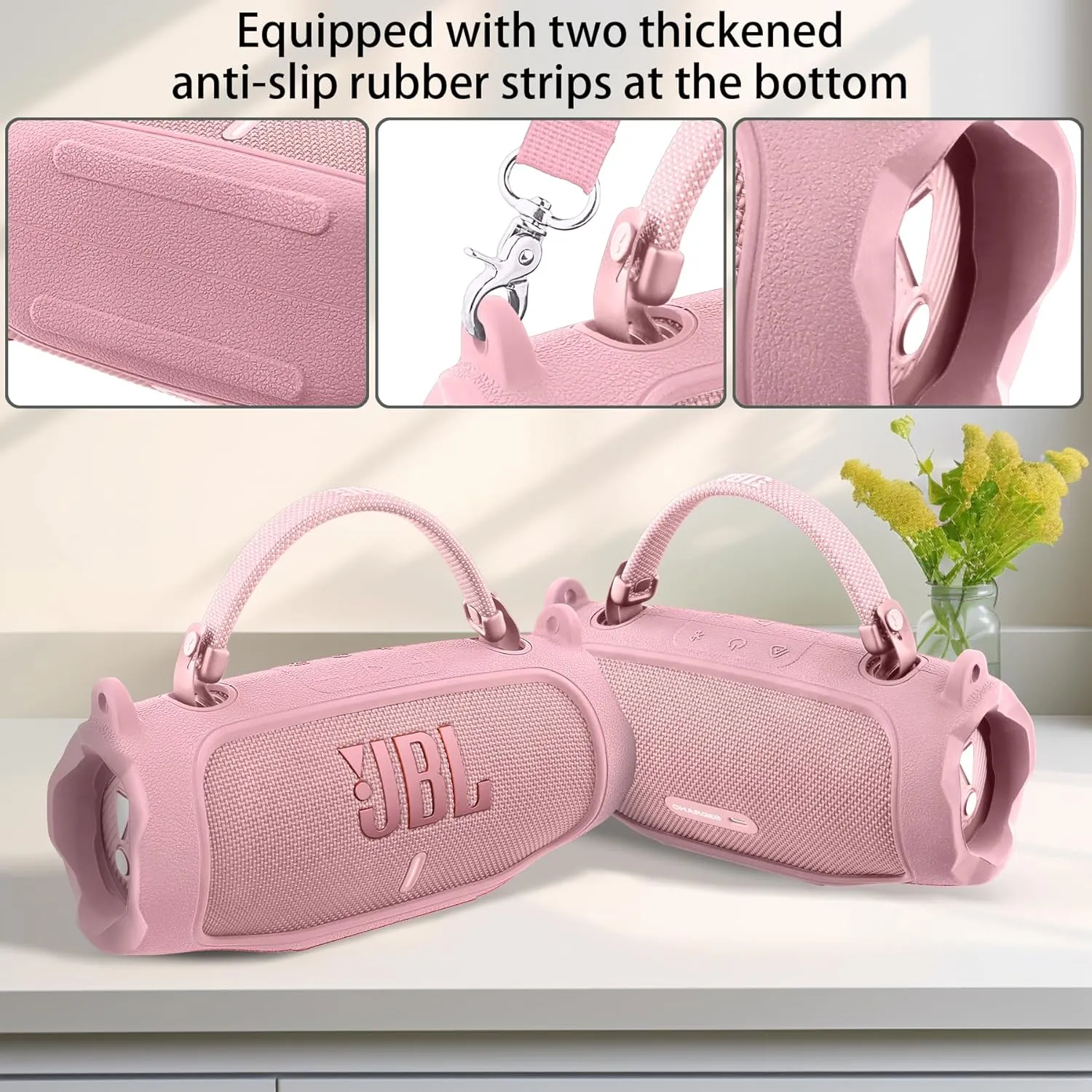 co2CREA Silicone Case for JBL Charge 6 Portable Waterproof Bluetooth Speaker, Portable Travel Soft Cover with Shoulder Strap, Protective Skin Case (Pink)
