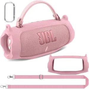 co2CREA Silicone Case for JBL Charge 6 Portable Waterproof Bluetooth Speaker, Portable Travel Soft Cover with Shoulder Strap, Protective Skin Case (Pink)