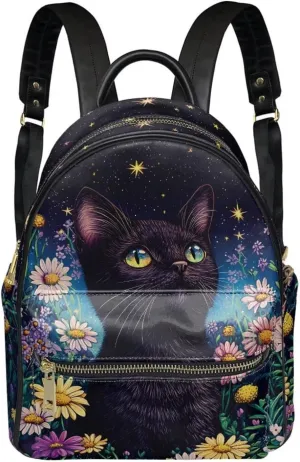 Coldinair Cat Floral Backpack for Women Small Lightweight Backpack Purse for Women Mini Leather Shoulder Bag Anti-theft Travel Backpack Purse Lightweight Casual Daypack Rucksack for Men Kids