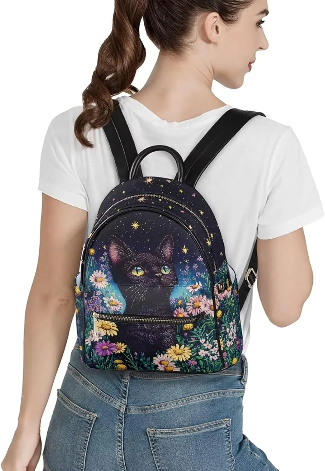 Coldinair Cat Floral Backpack for Women Small Lightweight Backpack Purse for Women Mini Leather Shoulder Bag Anti-theft Travel Backpack Purse Lightweight Casual Daypack Rucksack for Men Kids