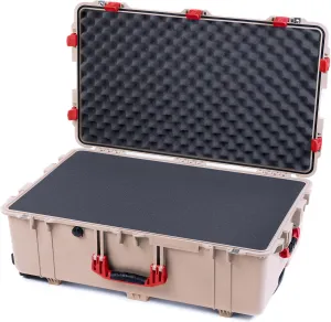 ColorCase Pelican 1650 Case Desert Tan - Large Sized Rolling Waterproof Case with Pick & Pluck Foam & Convoluted Lid Foam - Red Handles & Latches