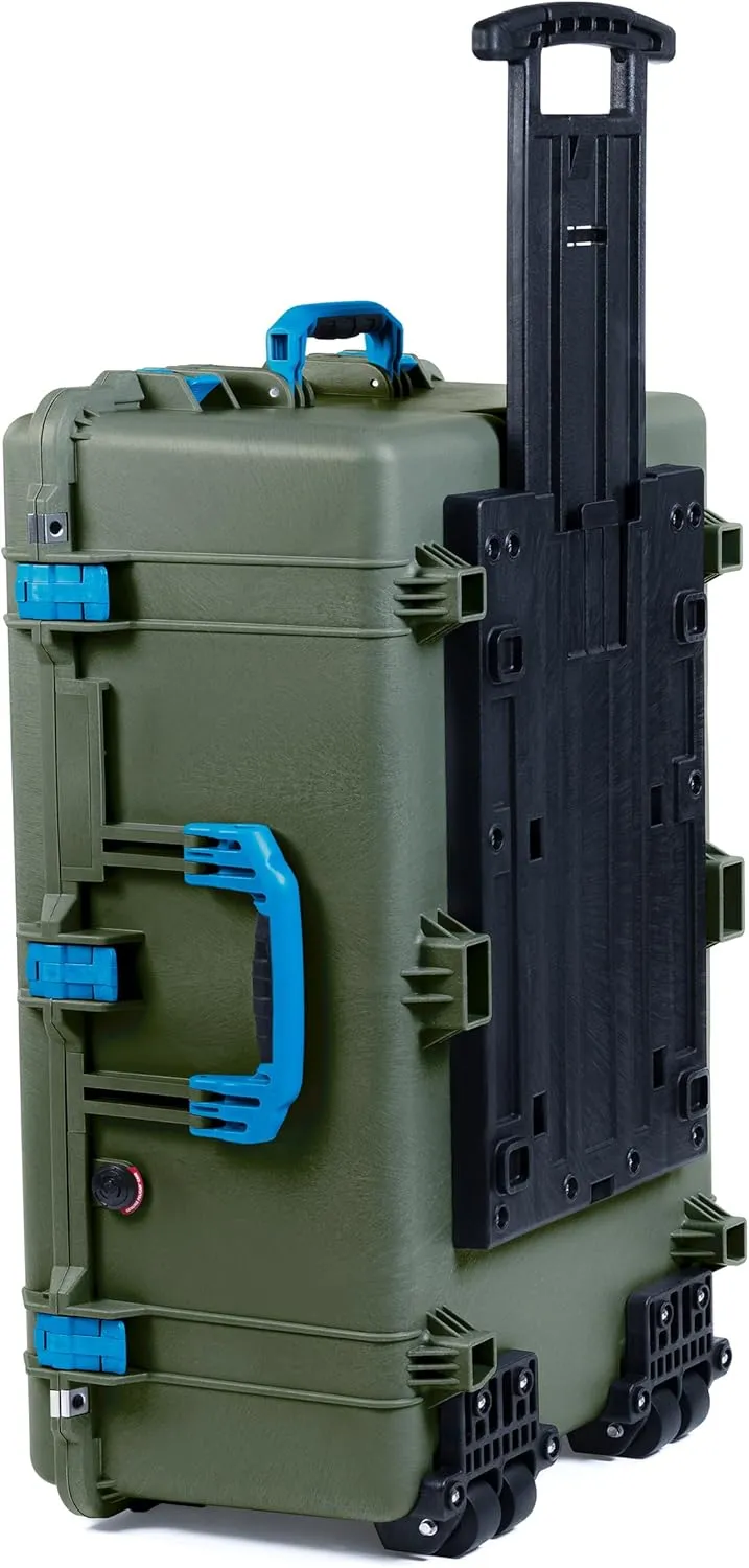 ColorCase Pelican 1650 Case OD Green - Large Sized Waterproof Rolling Case with Grey Padded Dividers & Mesh Lid Organizer - Blue Handles & Latches