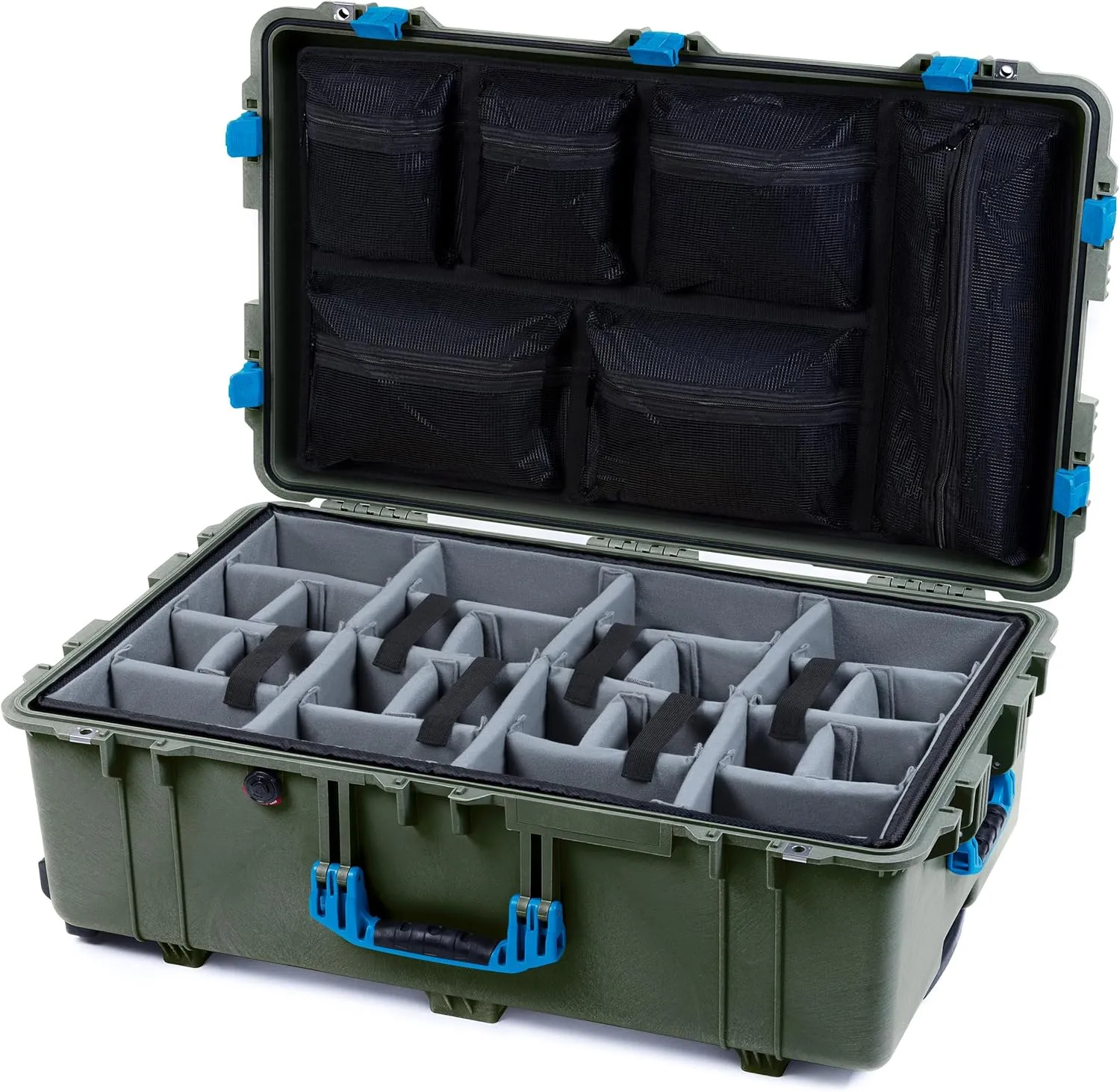 ColorCase Pelican 1650 Case OD Green - Large Sized Waterproof Rolling Case with Grey Padded Dividers & Mesh Lid Organizer - Blue Handles & Latches