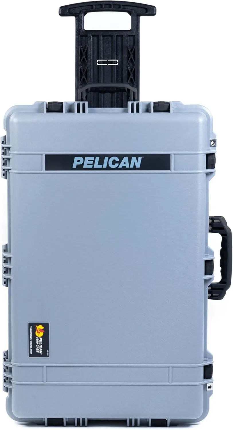 ColorCase Pelican 1650 Case Silver - Large Sized Rolling Waterproof Case with Pick & Pluck Foam & Convoluted Lid Foam - Black Handles & Latches