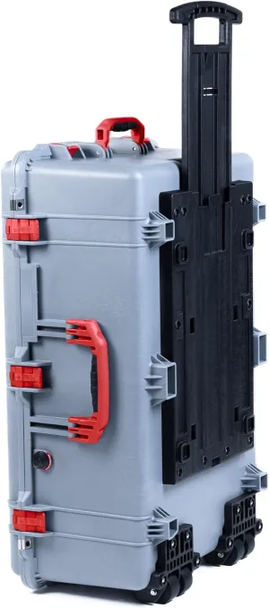ColorCase Pelican 1650 Case Silver - Large Sized Rolling Waterproof Case with Pick & Pluck Foam & Convoluted Lid Foam - Red Handles & Latches