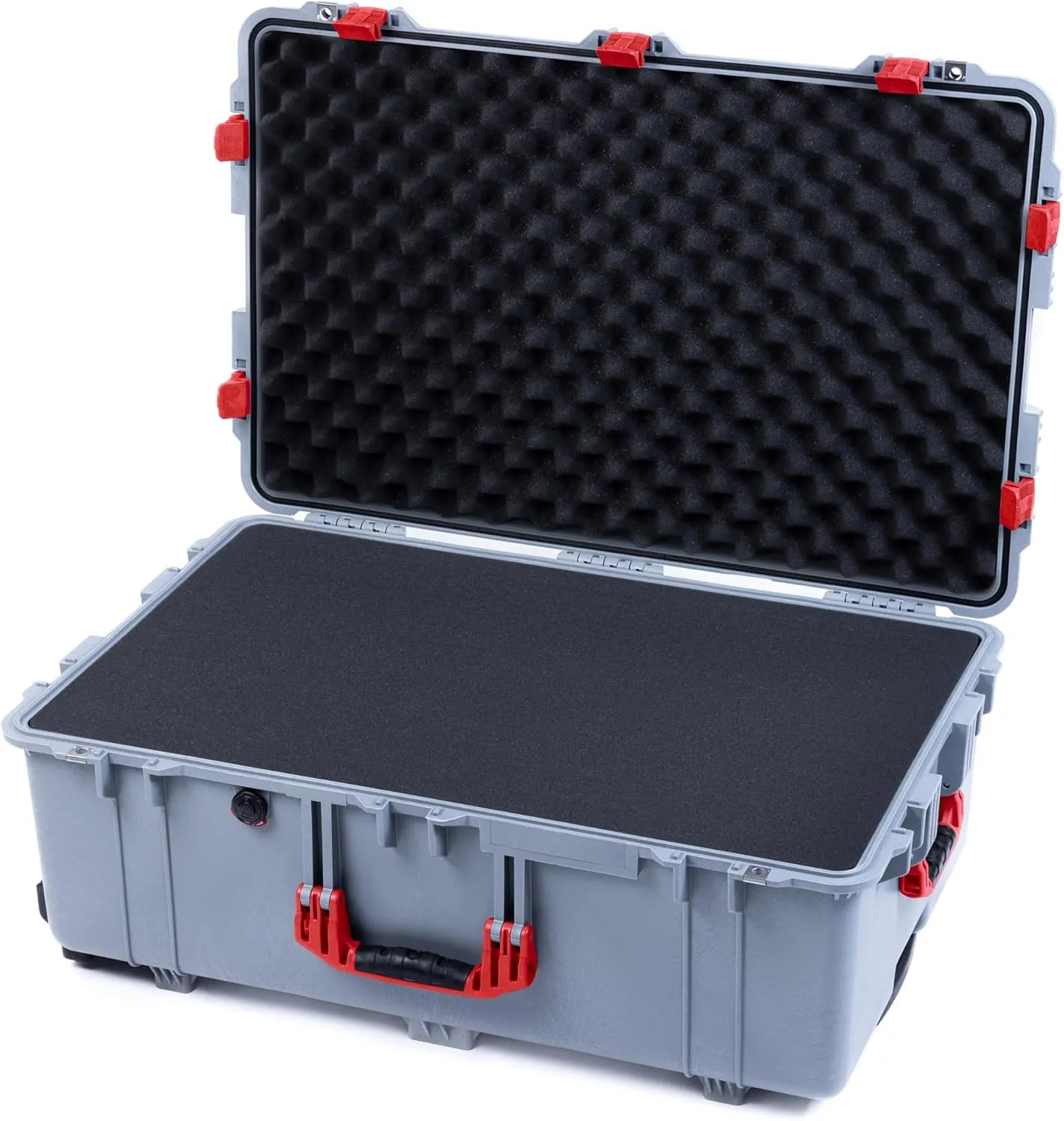 ColorCase Pelican 1650 Case Silver - Large Sized Rolling Waterproof Case with Pick & Pluck Foam & Convoluted Lid Foam - Red Handles & Latches
