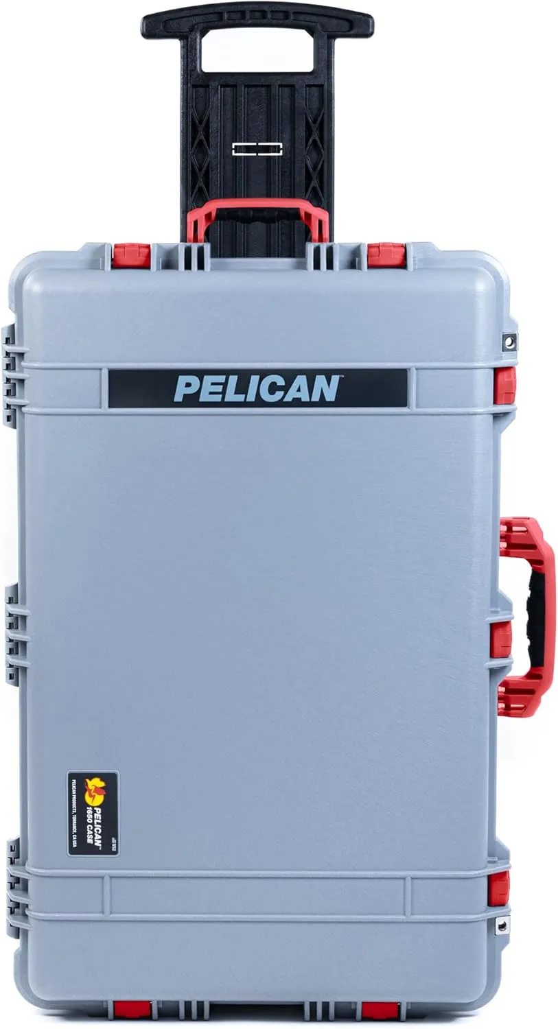ColorCase Pelican 1650 Case Silver - Large Sized Rolling Waterproof Case with Pick & Pluck Foam & Convoluted Lid Foam - Red Handles & Latches