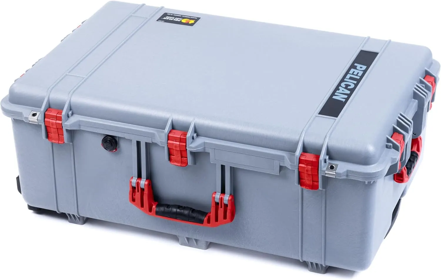 ColorCase Pelican 1650 Case Silver - Large Sized Rolling Waterproof Case with Pick & Pluck Foam & Convoluted Lid Foam - Red Handles & Latches